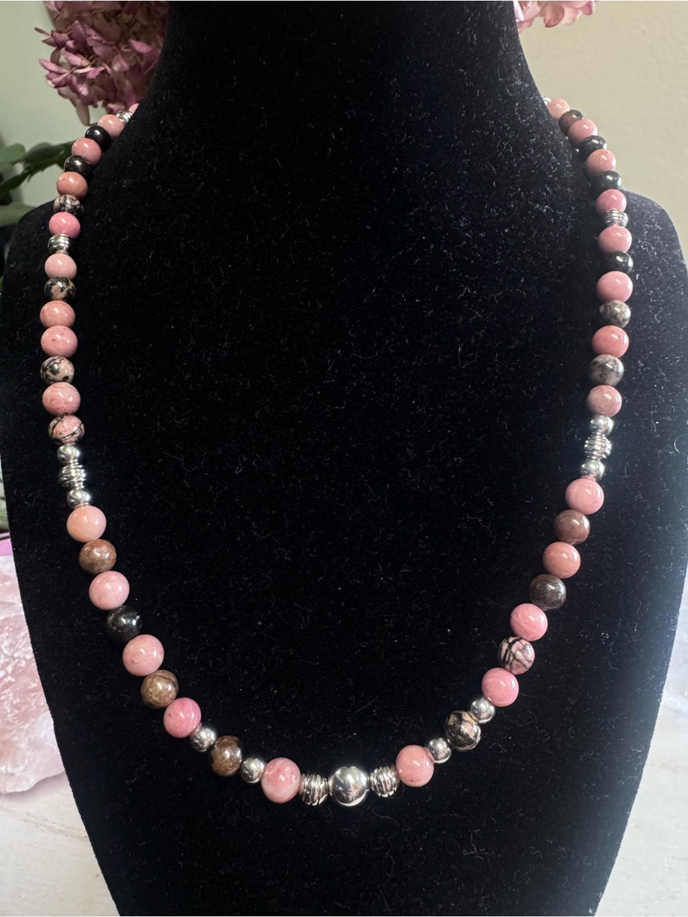 19” Rhodonite Gemstone & Stainless Steel Beaded Necklace - Southwestern Style